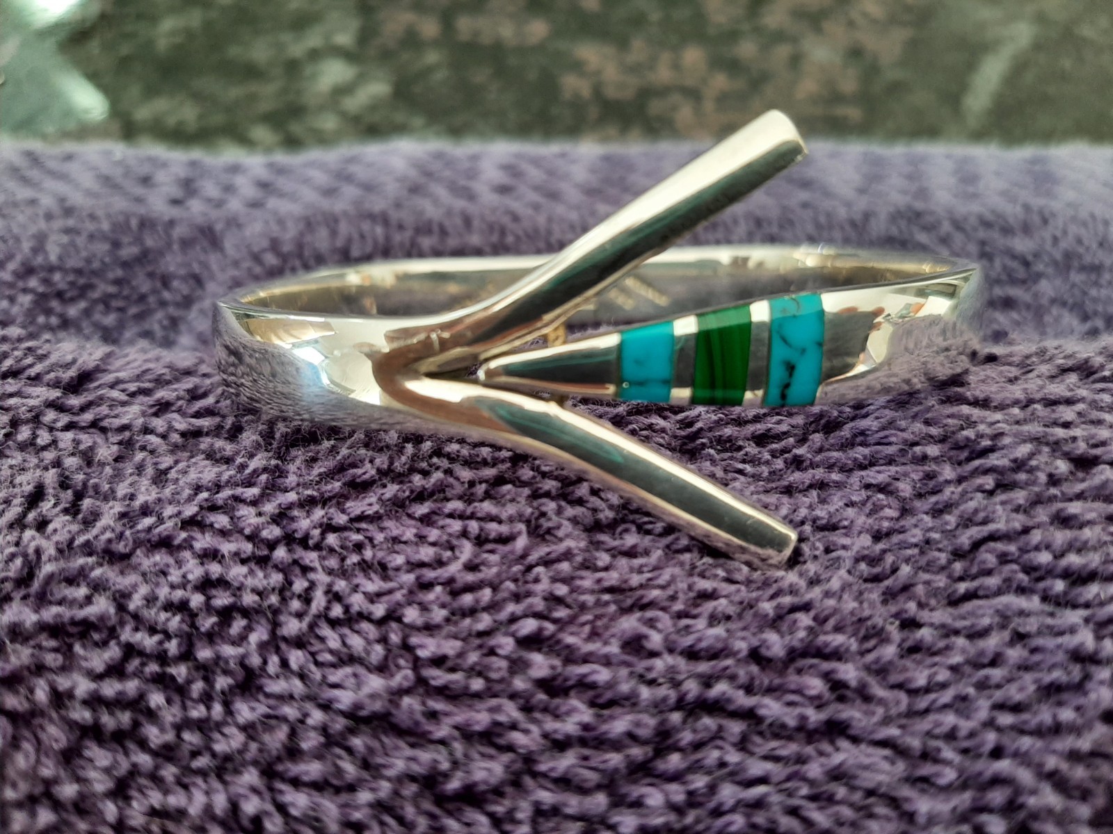 Vintage Mexico TGH-13 Hinged Sterling Silver 925 Blue Green Stone Bracelet 6″