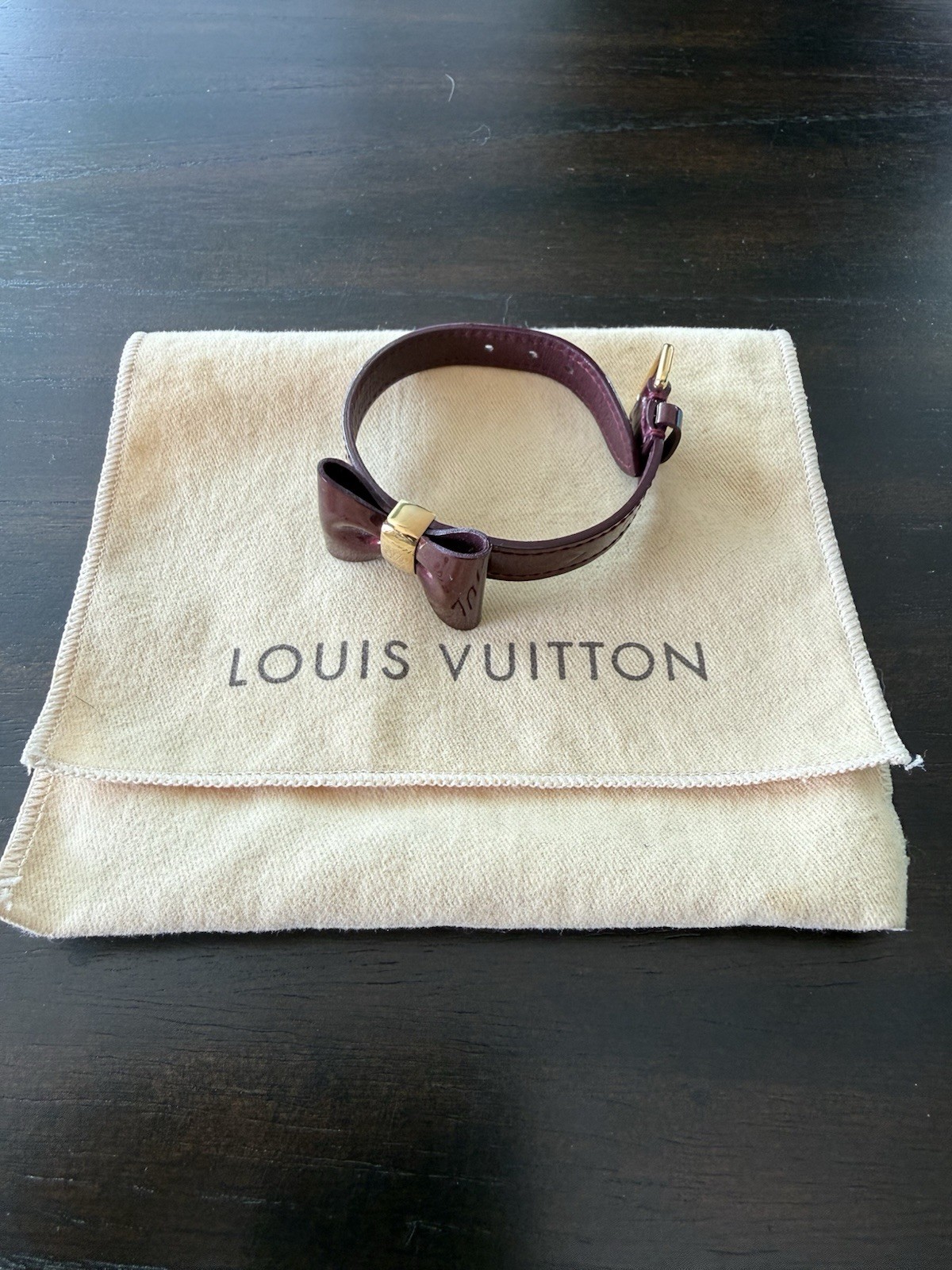 Louis Vuitton Adjustable Leather Bow Bracelet Maroon/Red Authentic with Pouch