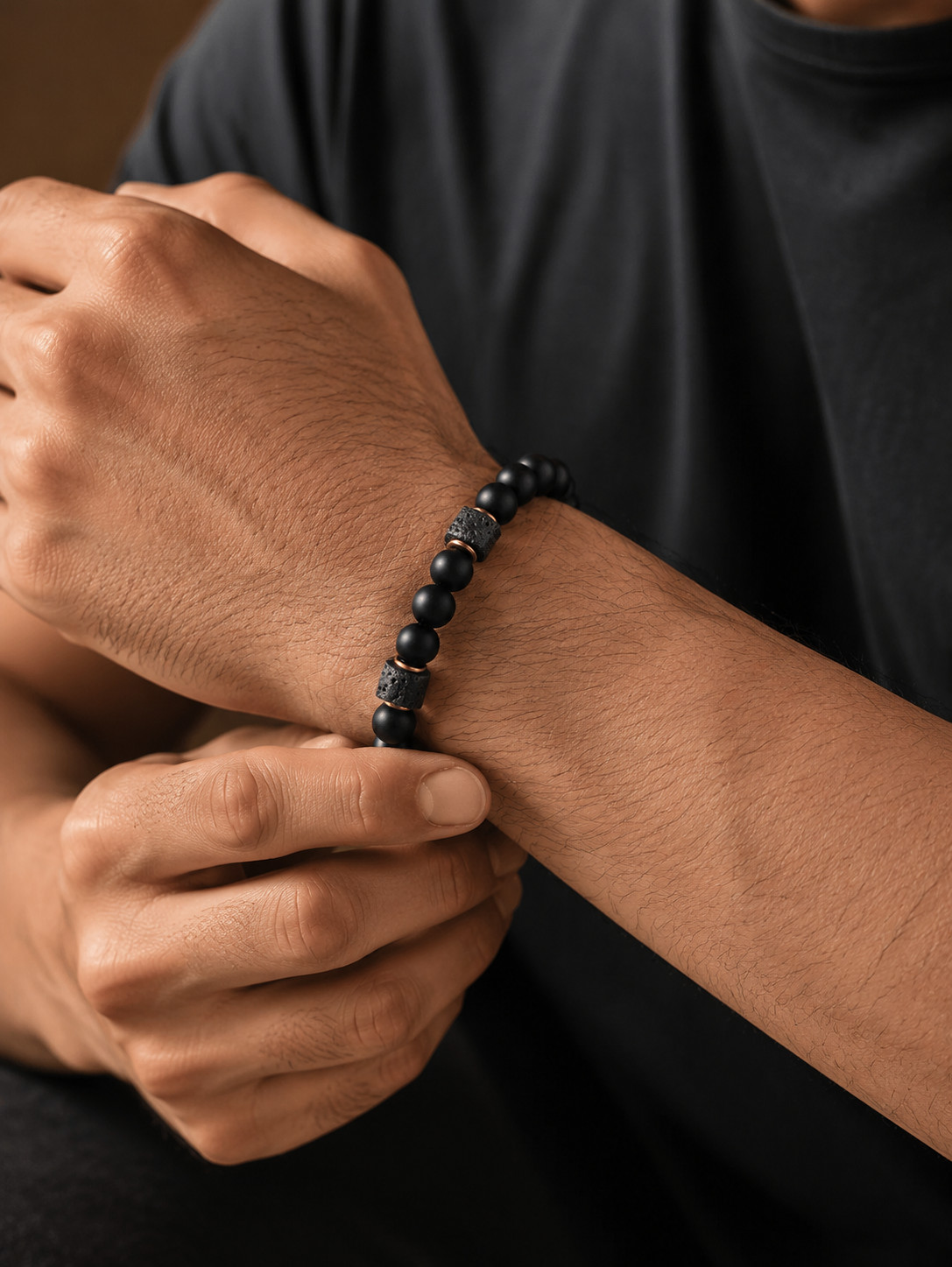 Men’s Black Matte Bead Stretch Bracelet with Square Lava Stone