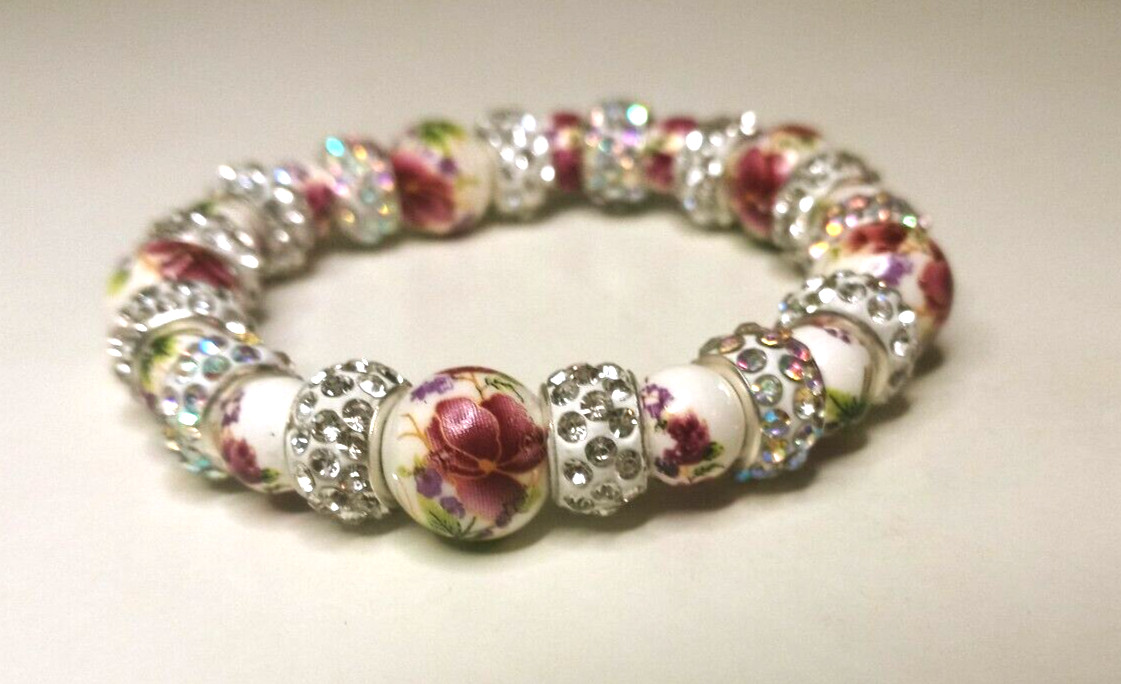 NEW FLORAL BACELET MULTICOLOR WHITE COLORLESS RHINESTONES BEADED STRETCH