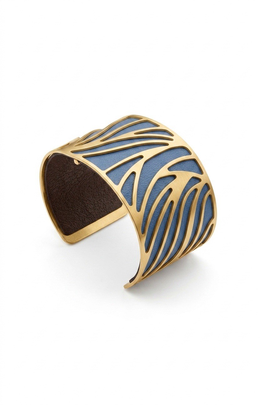 Les Georgettes France 40mm Perroquet Cuff Bracelet Gold Tone w/ Blue Leather