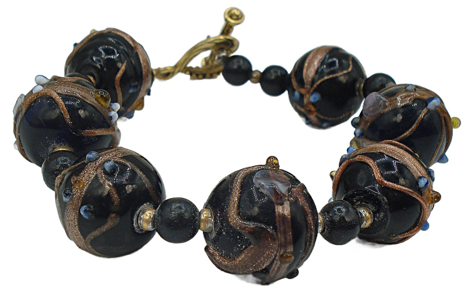 BLACK WEDDING CAKE BEADED ART GLASS TOGGLE BRACELET COPPER GLITTER RHINESTONE 7″