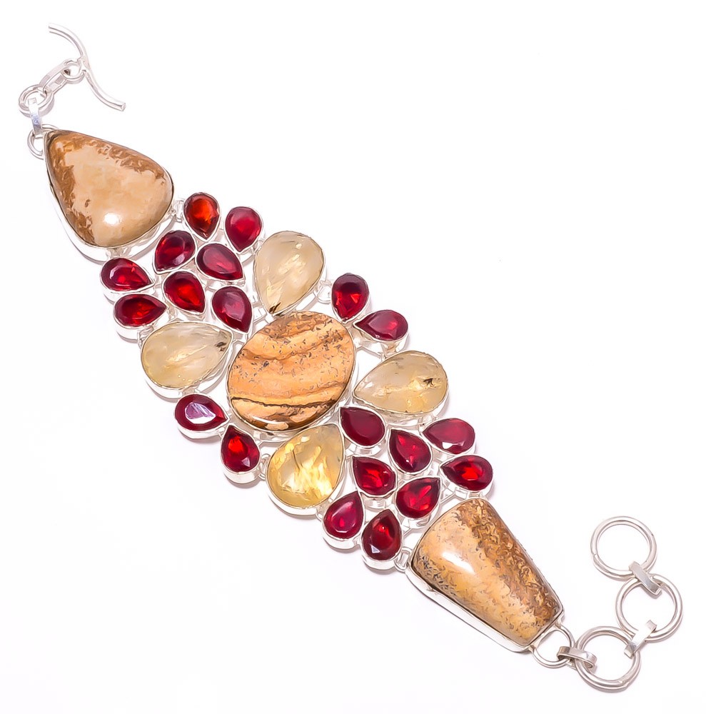 Natural Picture Jasper & Golden Rutile 925 Silver Plated Bracelet 7-8″LB-554