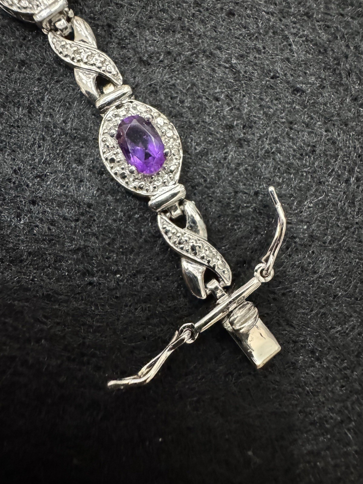 Silver Tone Amethyst Oval Halo Tennis Link Bracelet Toggle Closure 7.5 “