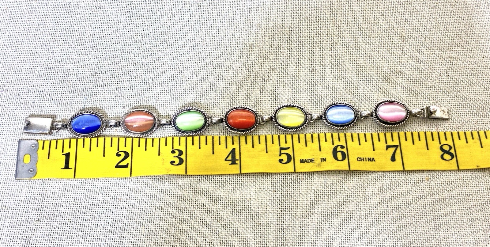 925 Sterling Silver Mexico Multicolor Cat Eye Link Bracelet 7.5” Colorful