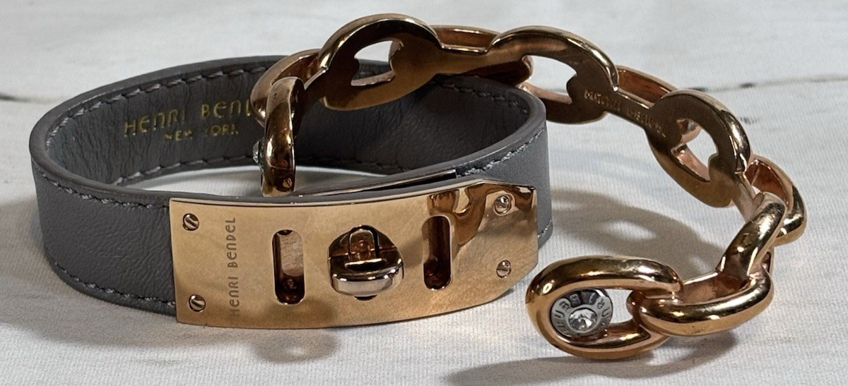 Henri Bendel New York Whitney Leather Turn-Lock Grey Gold Tone Bracelet 3 Sizes