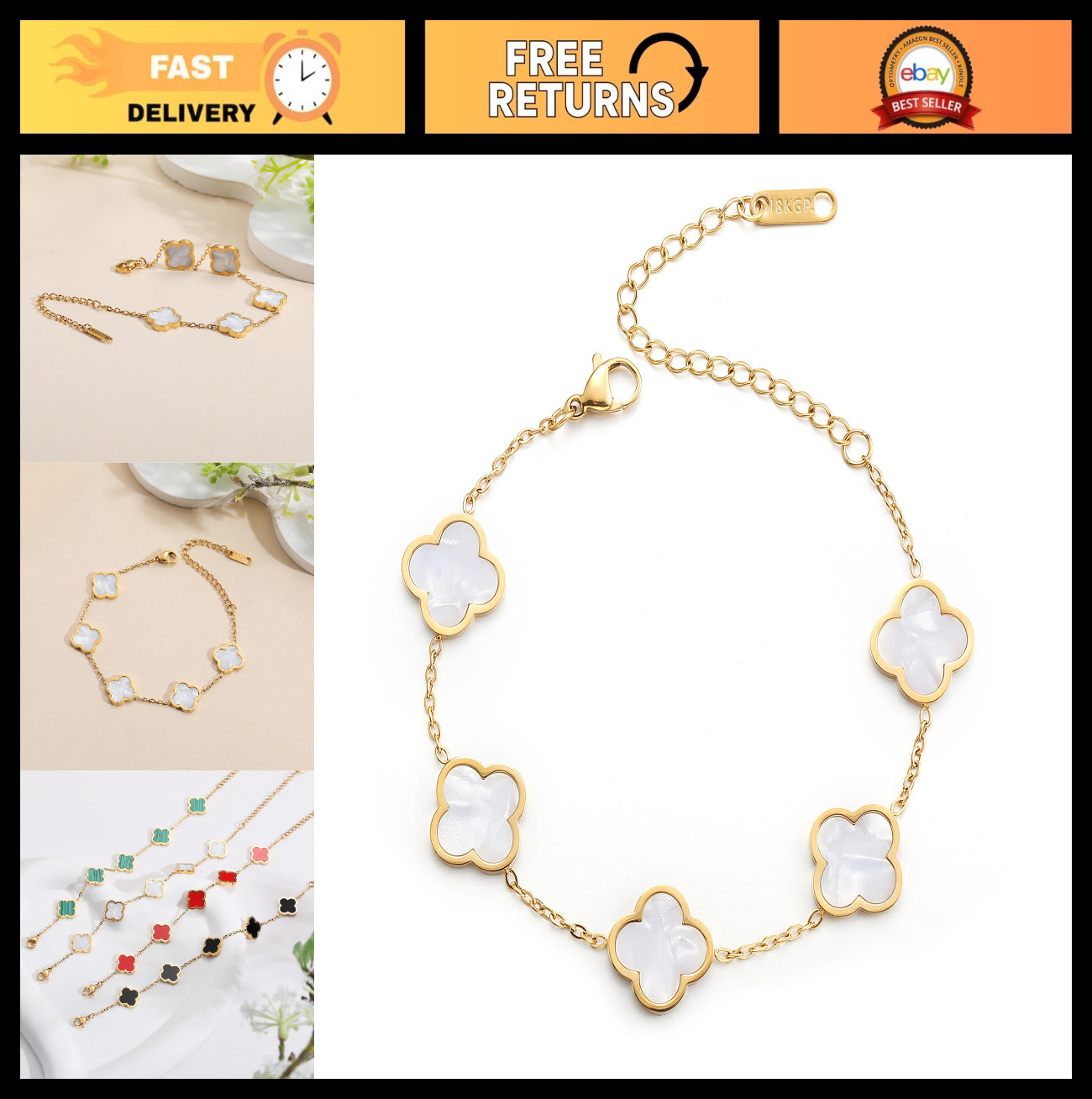 18K Gold Plated Clover Lucky Bracelet for Women – Four Leaf Flower Link Jewelry