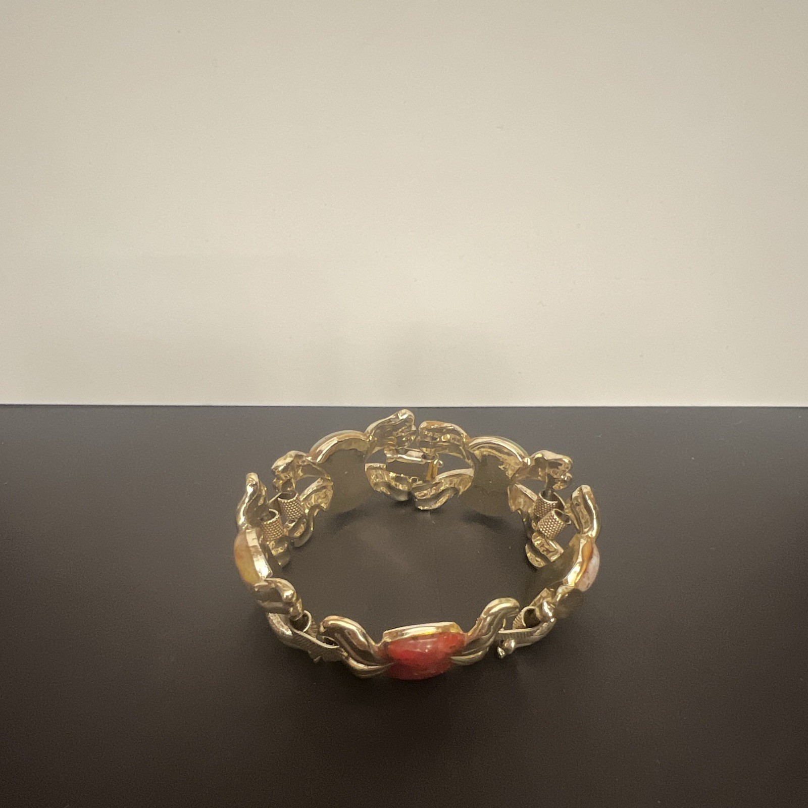 Gold Tone Link Chain Bracelet, Multicolor Cabochon Stones, Bezel, Bow