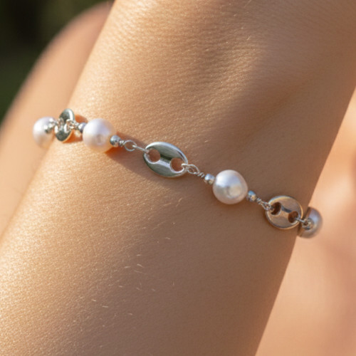 Elegant 925 Silver Plated Minimalist Coffee Bean Chain Bracelet with White Pearl