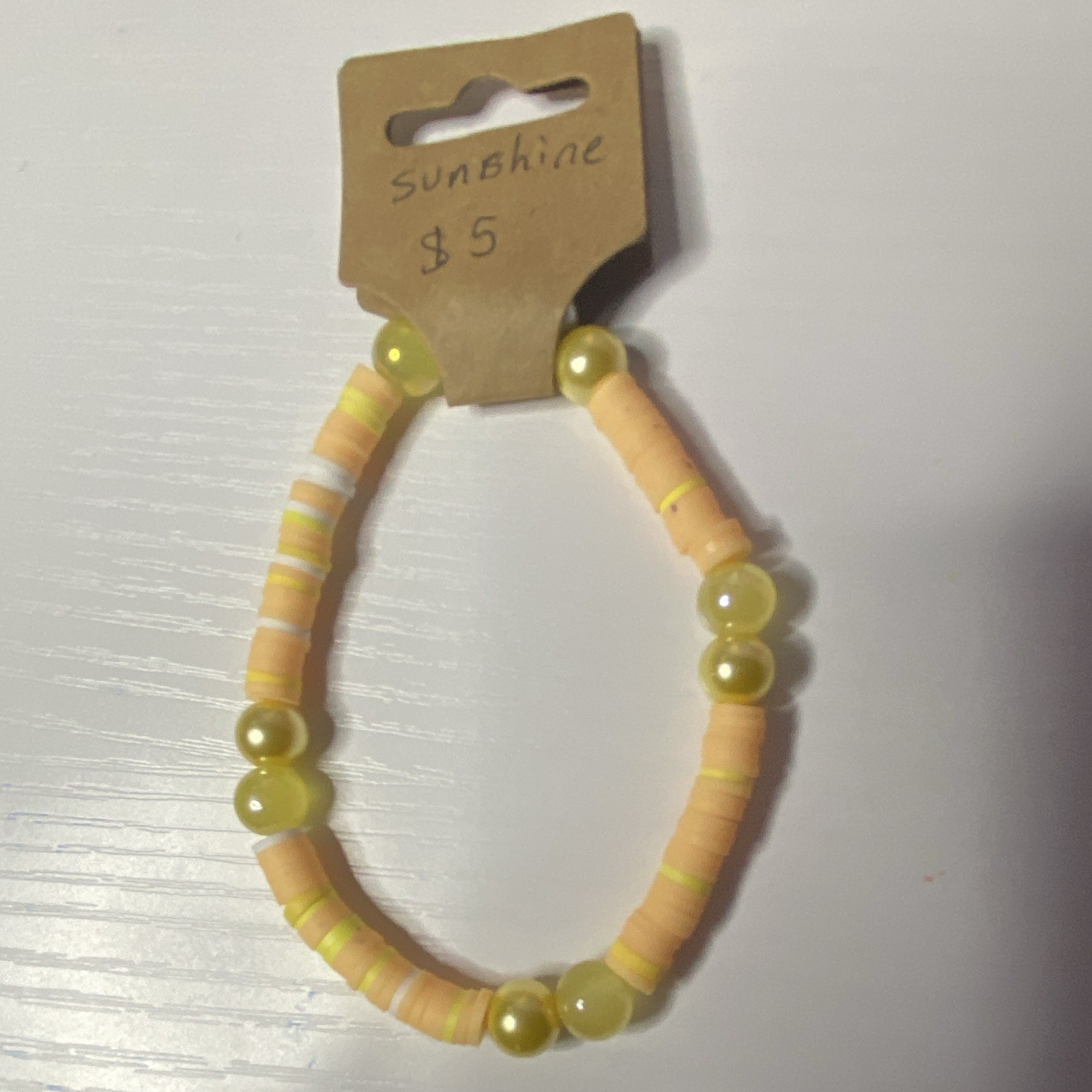 Yellow & White beaded Stretch Bracelet, Round Plastic Beads, Stackable, 7.5 in