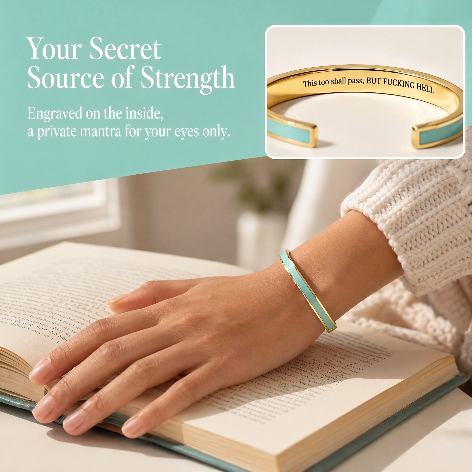 This Too Shall Pass Engraved Cuff Bracelet Stainless Steel Inspirational Secret