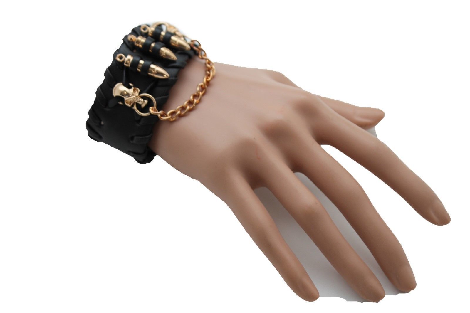 Women Black Faux Leather Bracelet Fashion Gold Metal Chain Mini Skull Bullet Gun