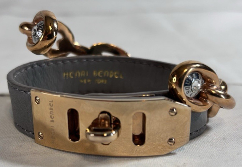 Henri Bendel New York Whitney Leather Turn-Lock Grey Gold Tone Bracelet 3 Sizes