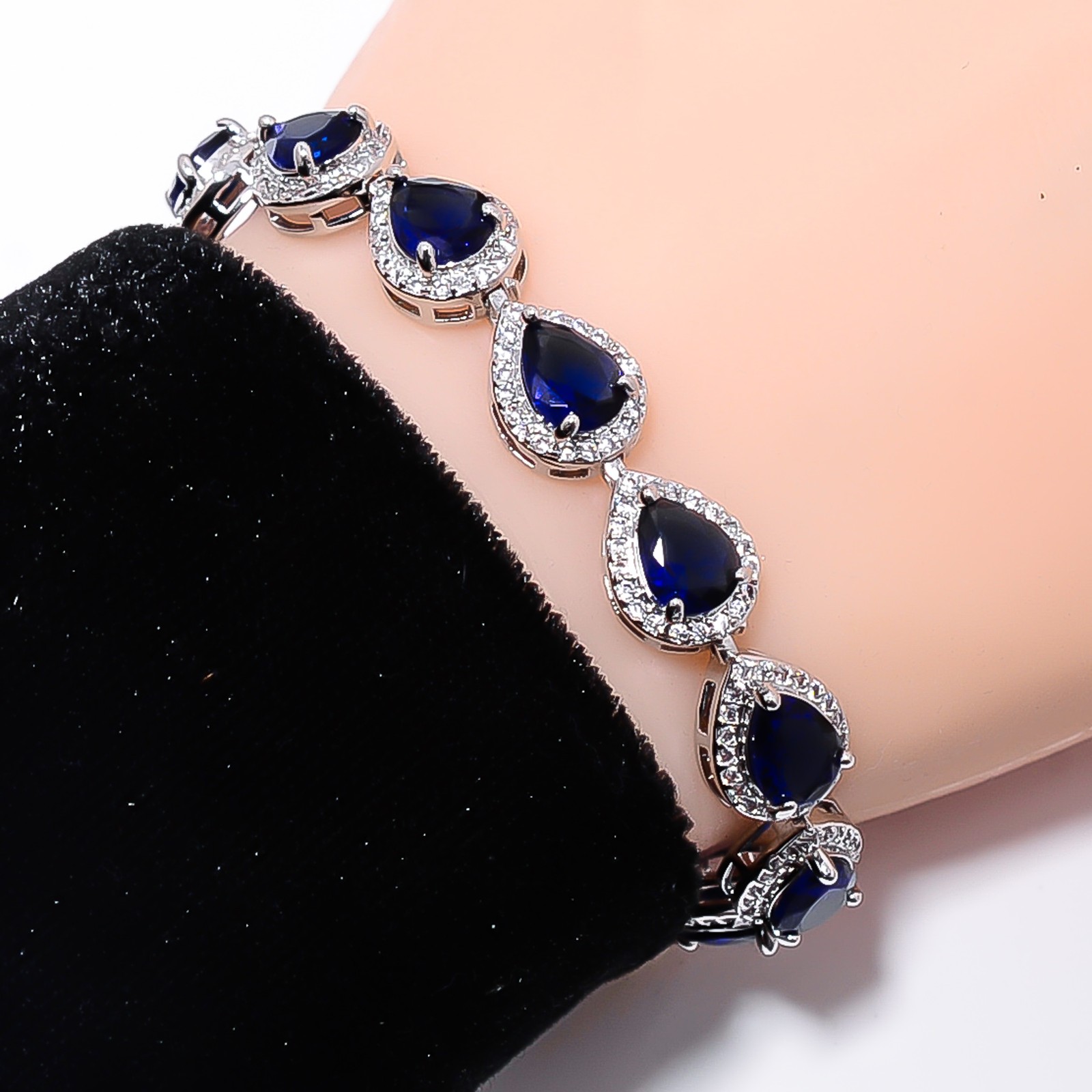 Blue Sapphire -Simulated, CZ 925 Sterling Silver Adjustable Bracelet 7-8″ B0922