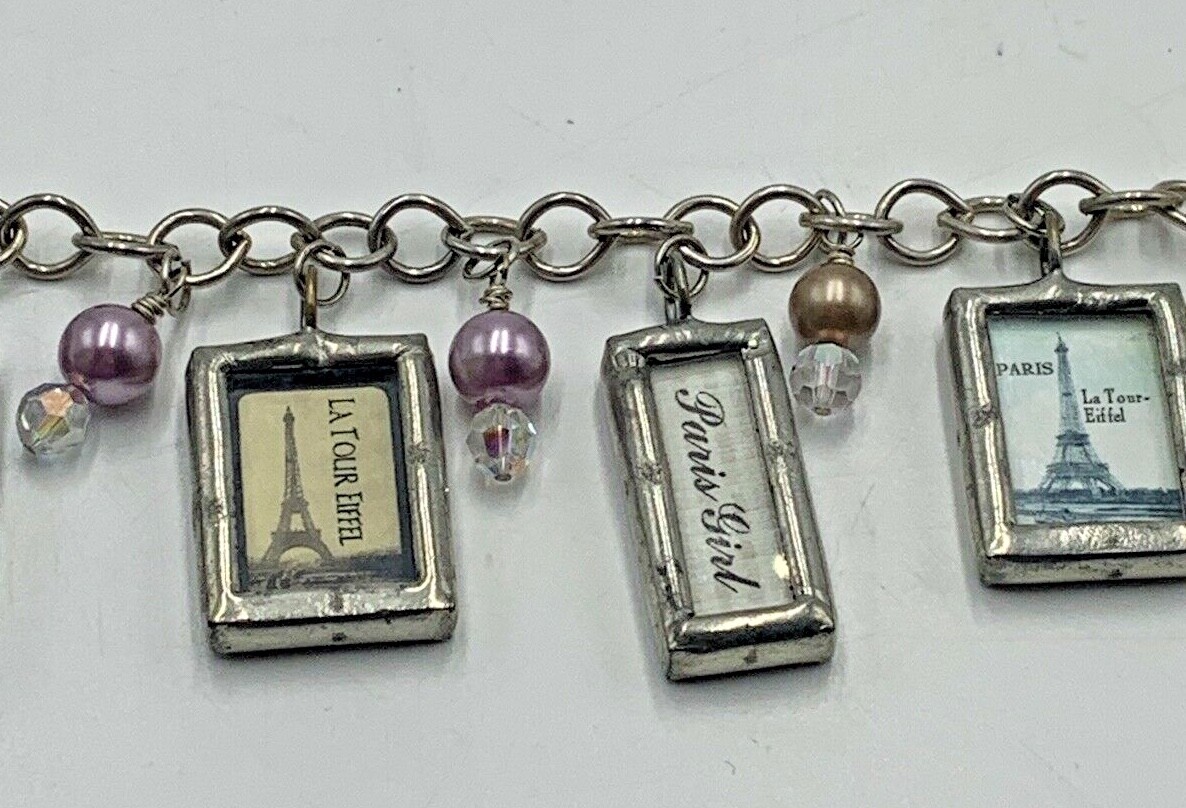 Charm Bracelet J’adore Paris Picture Frames Eiffel Tower France Beads Toggle