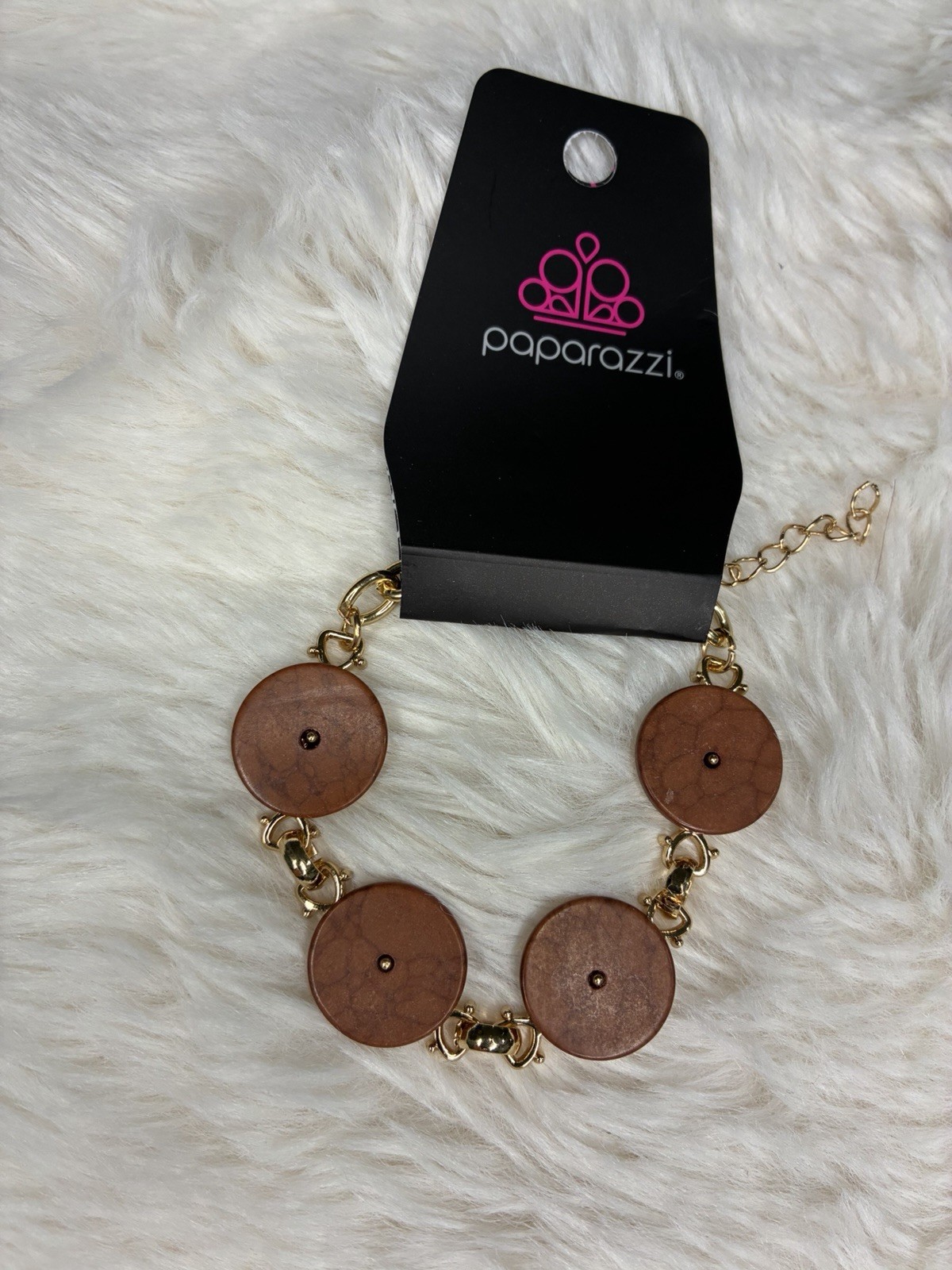 Paparazzi Gold Oval Link Chain Charm Bracelet Brown Round Dangles Adjustable