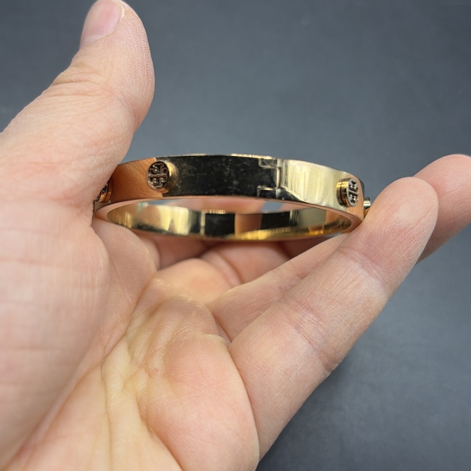 Tory Burch Miller Stud Hinge Bangle Bracelet 5mm Size Medium in Gold 6.5”L