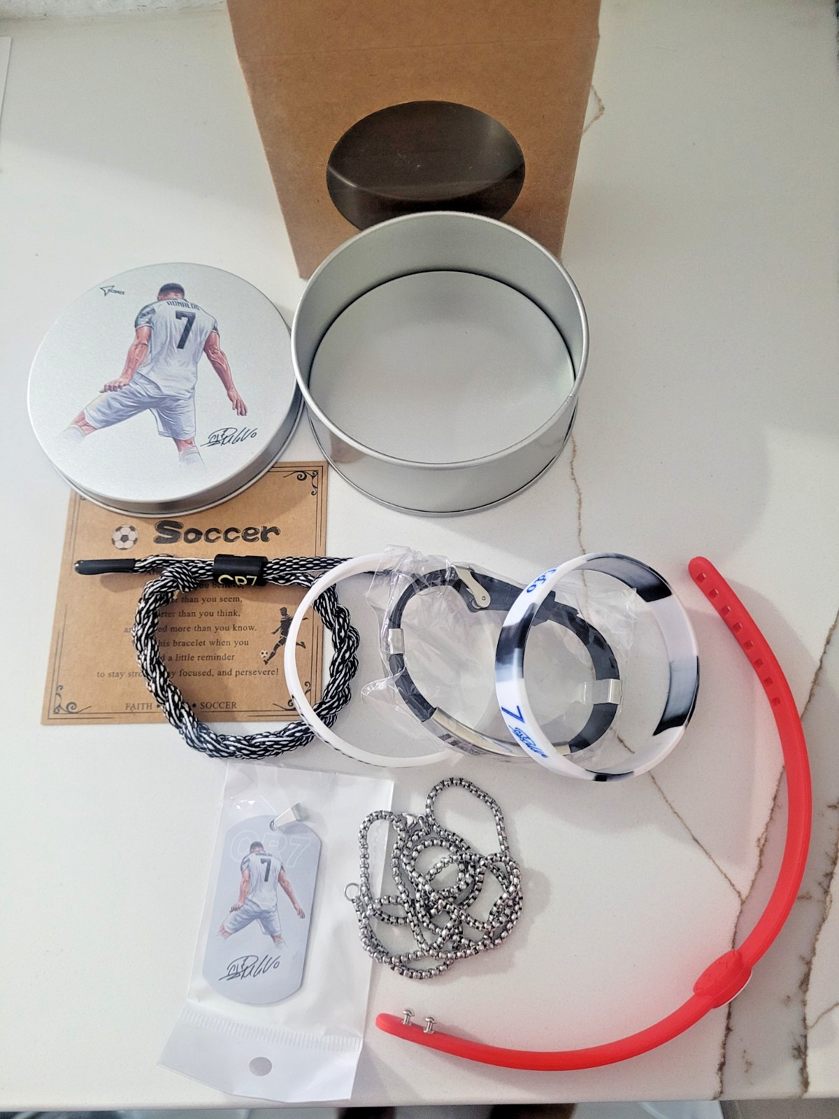6Pcs C.R No.7 Soccer Sports Bracelets Necklaces Set, Number.7 Titanium Steel Adj