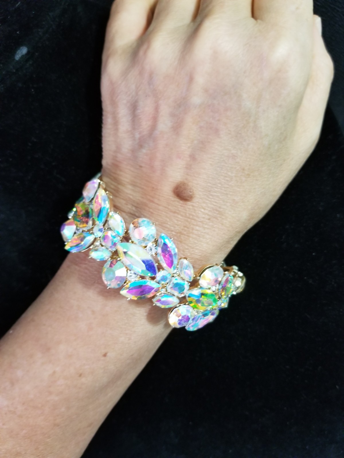 AB Iridescent Gold Rhinestone Stretch Bracelet Crystal Pageant Prom Drag Jewelry
