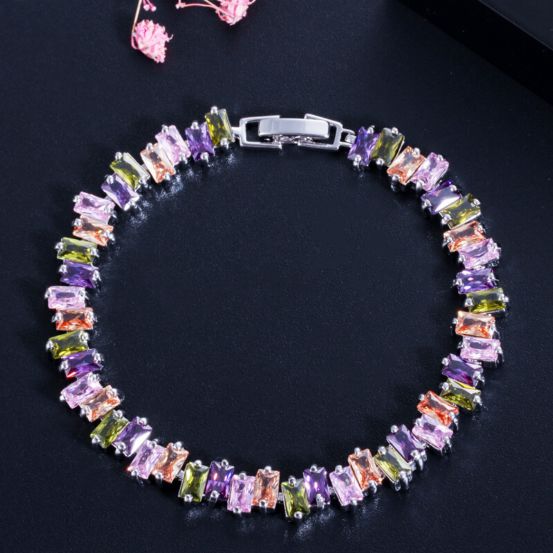 Multicolor Crystal Bracelet Silver Plated Cubic Zirconia Weddings Party Jewelry