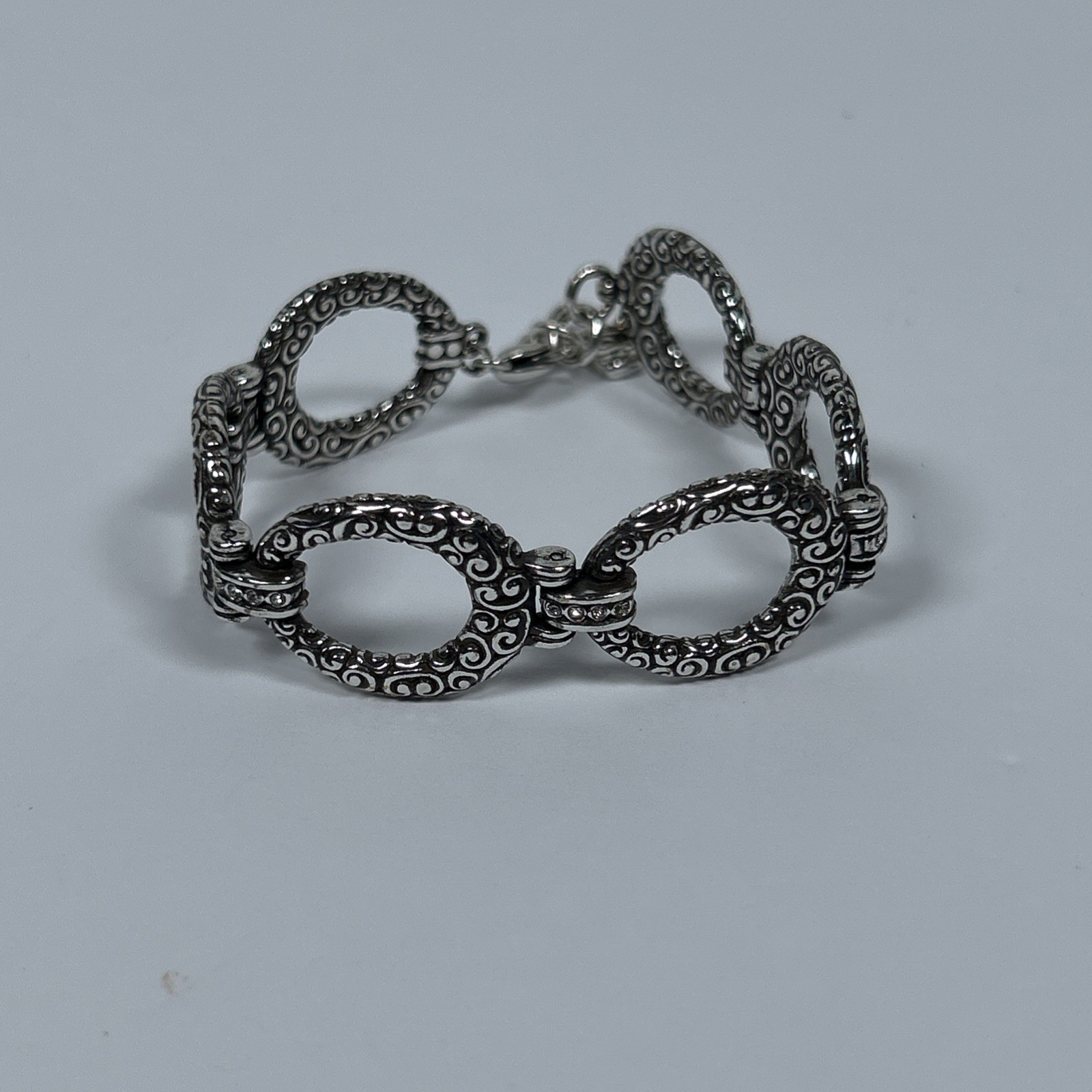 Brighton CHER Silver Tone Scroll Etched Oval Links Bracelet