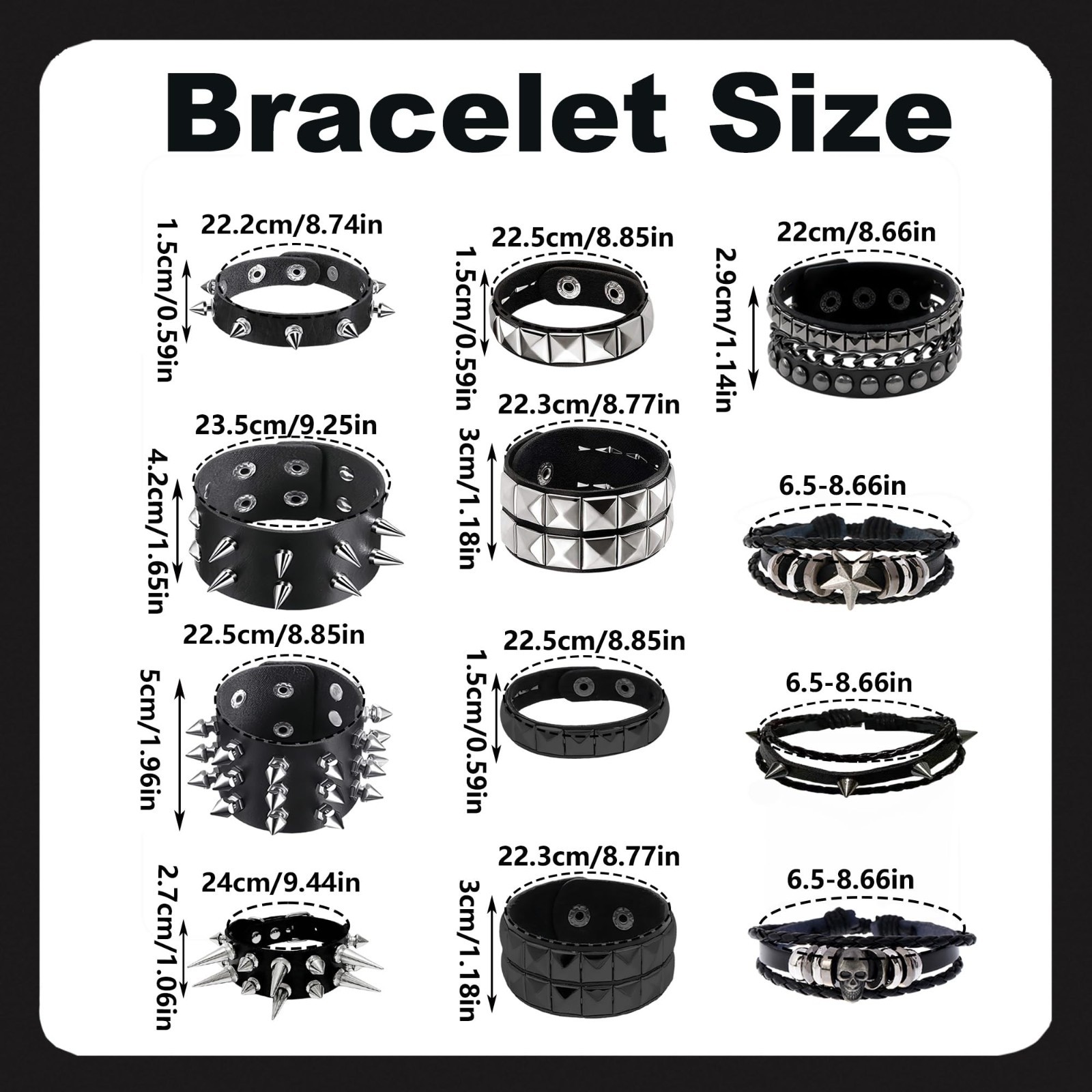 12 Spiked Studded Bracelets Set – Black Leather Cuff Rivet Gothic Punk Accessori