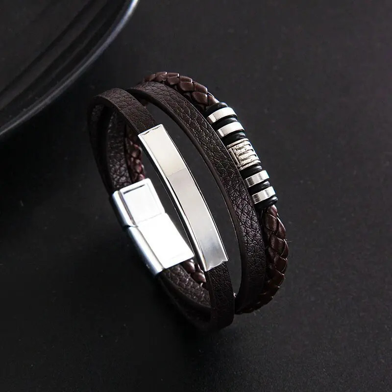 Bracelet 21CM Multilayer Braided Rope Bracelets for Male Trendy Leather