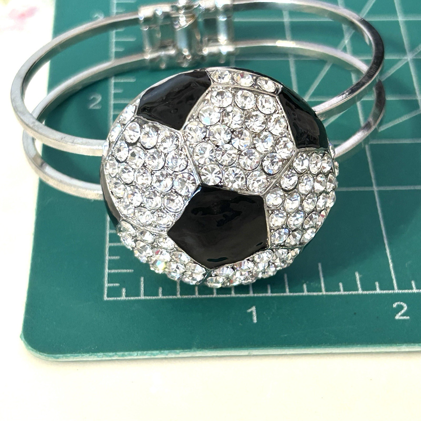 Rhinestone Soccer Ball Bracelet Hinged Cuff Silver Tone Sports Mom Bling