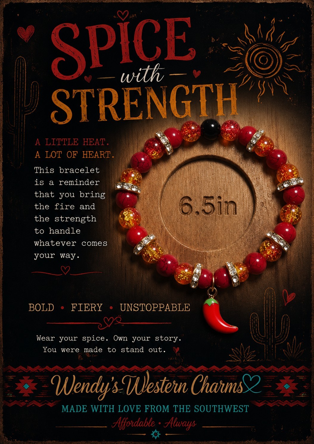 Wendy’s Western Charms Spice With Strength Chili Pepper Stretch Bracelet 6.5in
