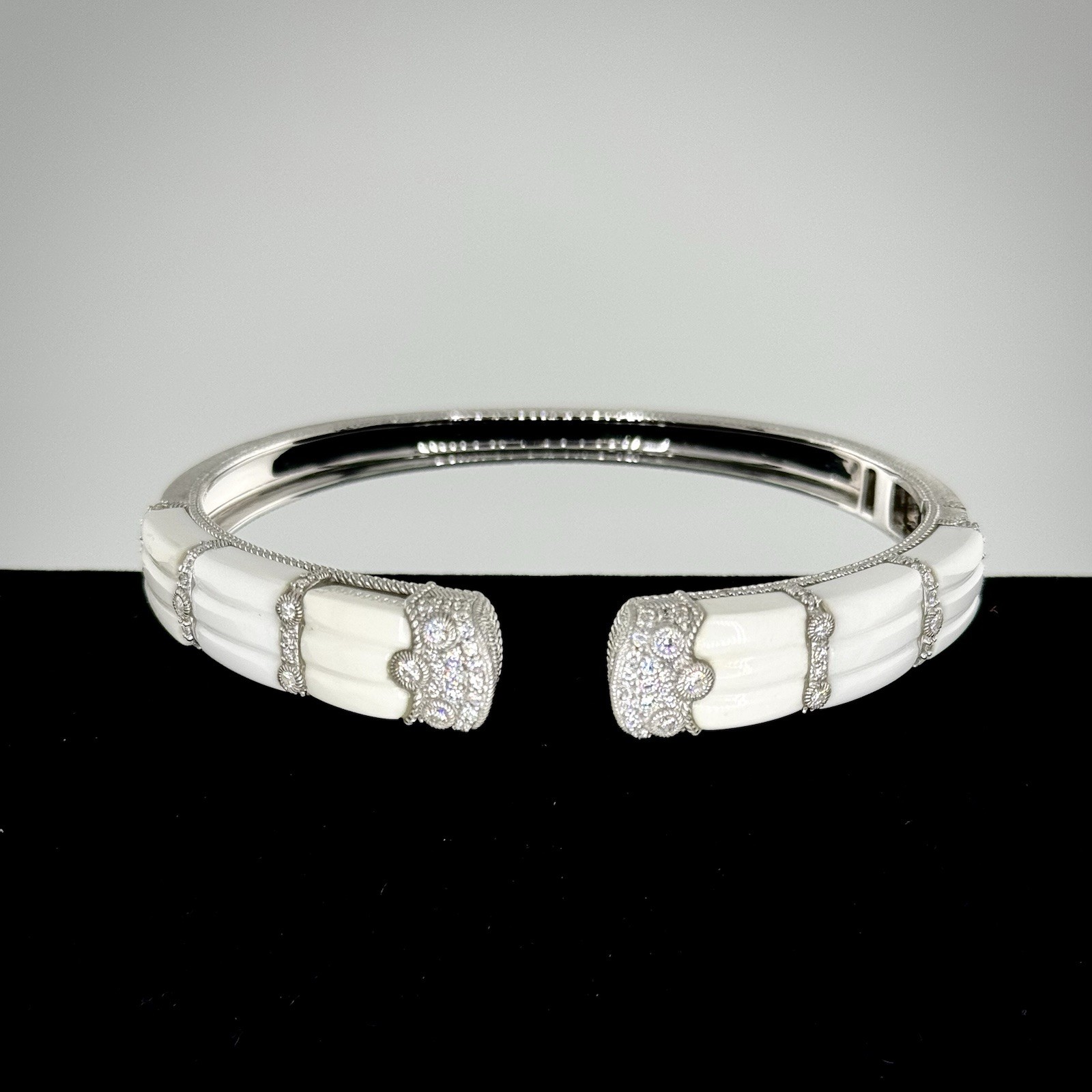 Judith Ripka 14k over Sterling Carved White Agate Hinged Bangle S/M or M/L!