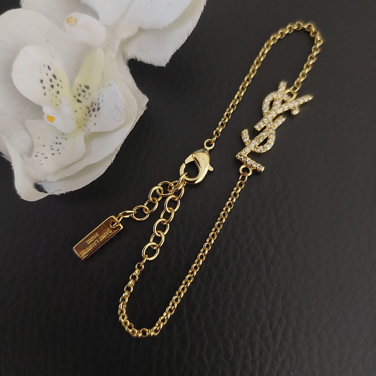 YSL Saint Laurent Charm Bracelet Crystal Brass Metal Gold!