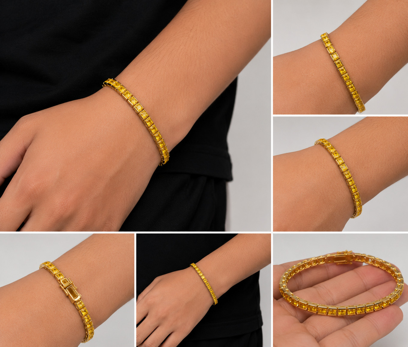 7CT Round Simulated Yellow Citrine Channel Link Silver Bracelet 14k Y.G. Plated