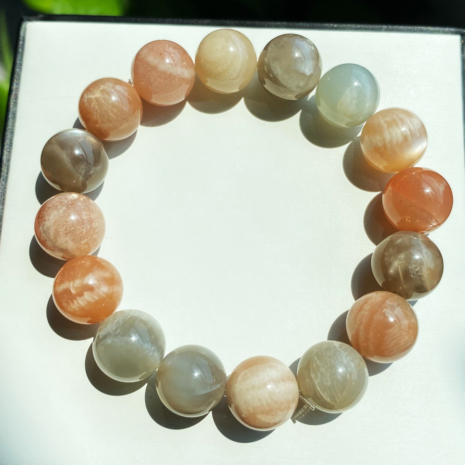 12.8mm Natural Color Moonstone Sunstone Strong Light Crystal Beads Bracelet 016