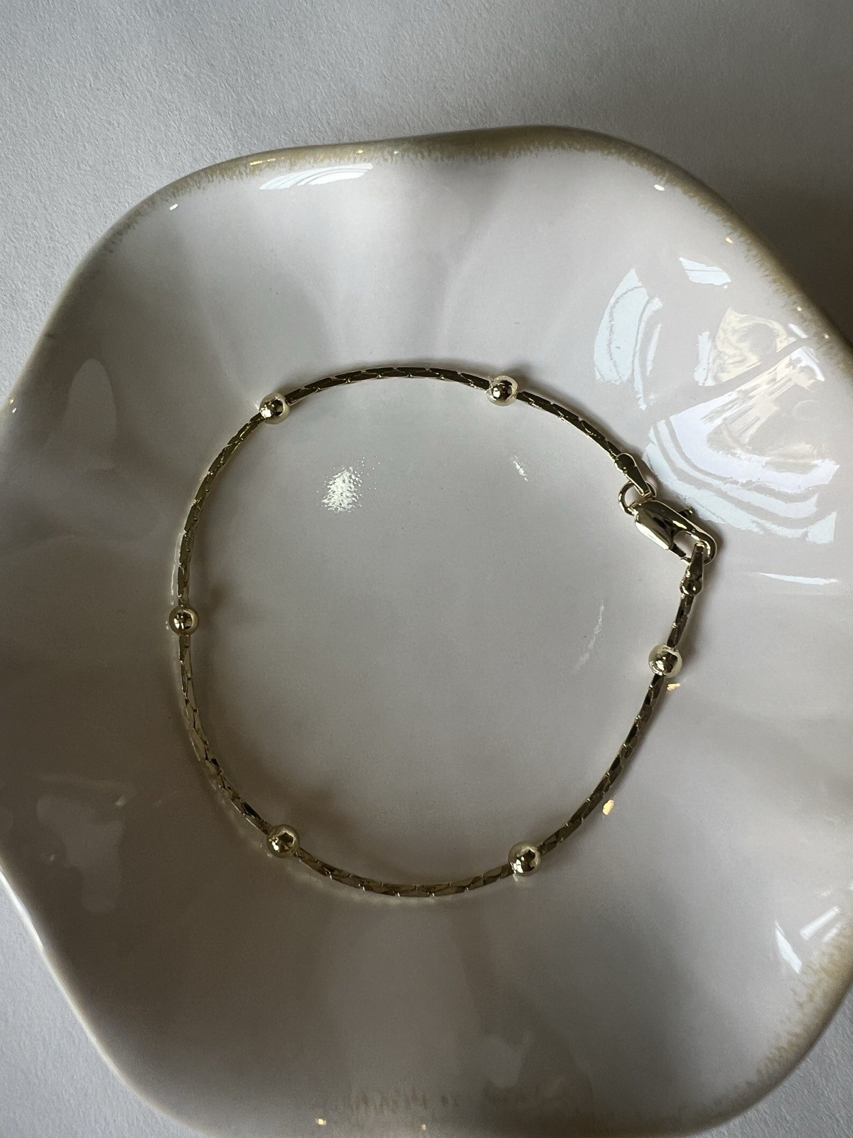 14k Gold Plated Bar Link Beaded Chain Bracelet with Round Beads Lobster Closure