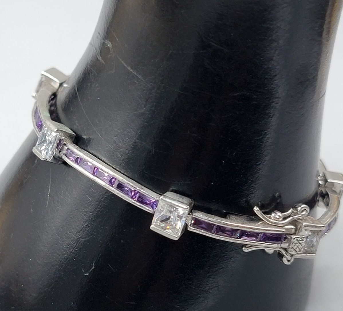 Purple & Clear Cubic Zirconia 10kgp Bracelet SZ 6.5 White Gold Plated
