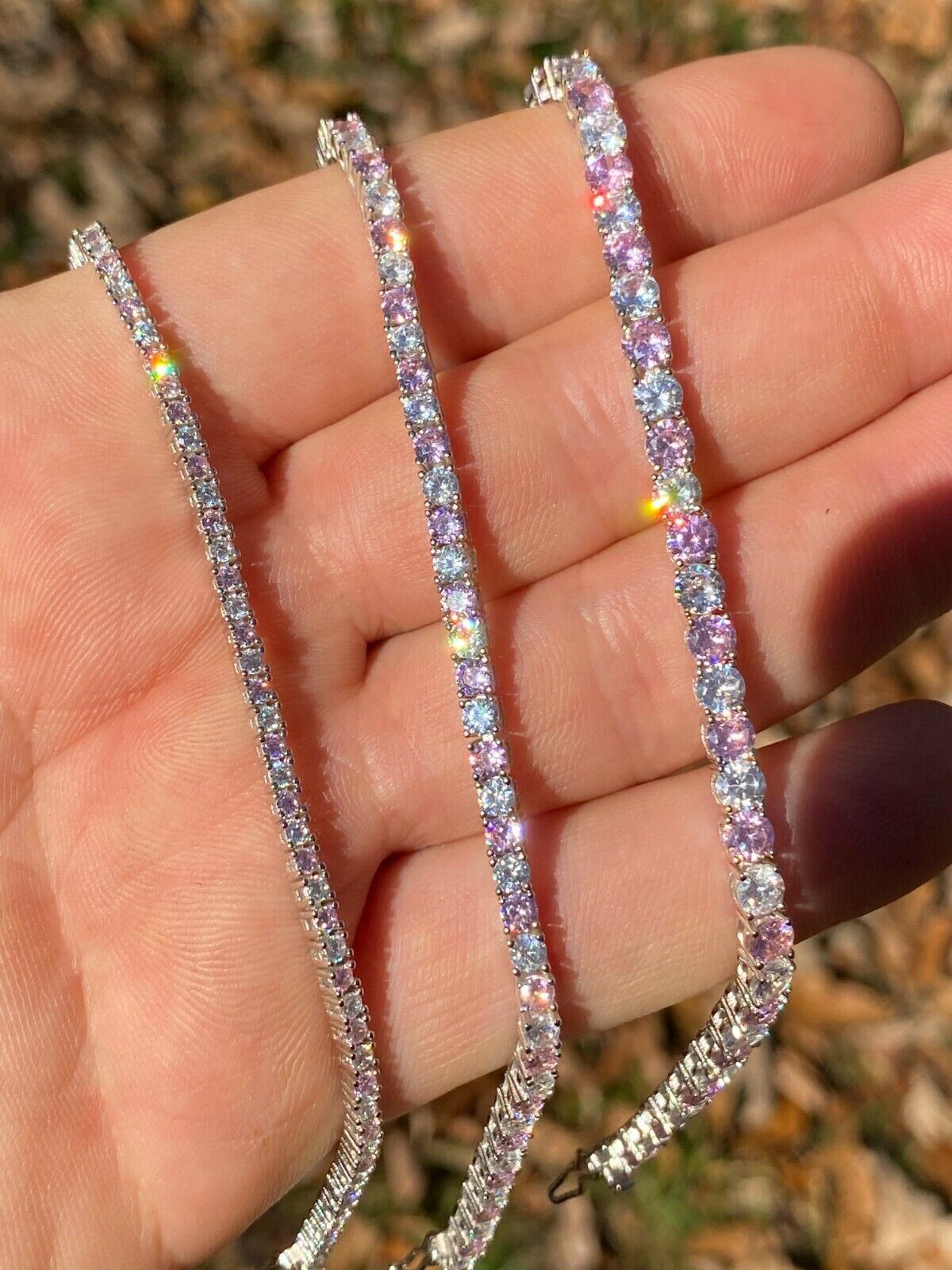 Tennis Bracelet SOLID 925 Sterling Silver Single Row Hip Hop CZ Pink Stone