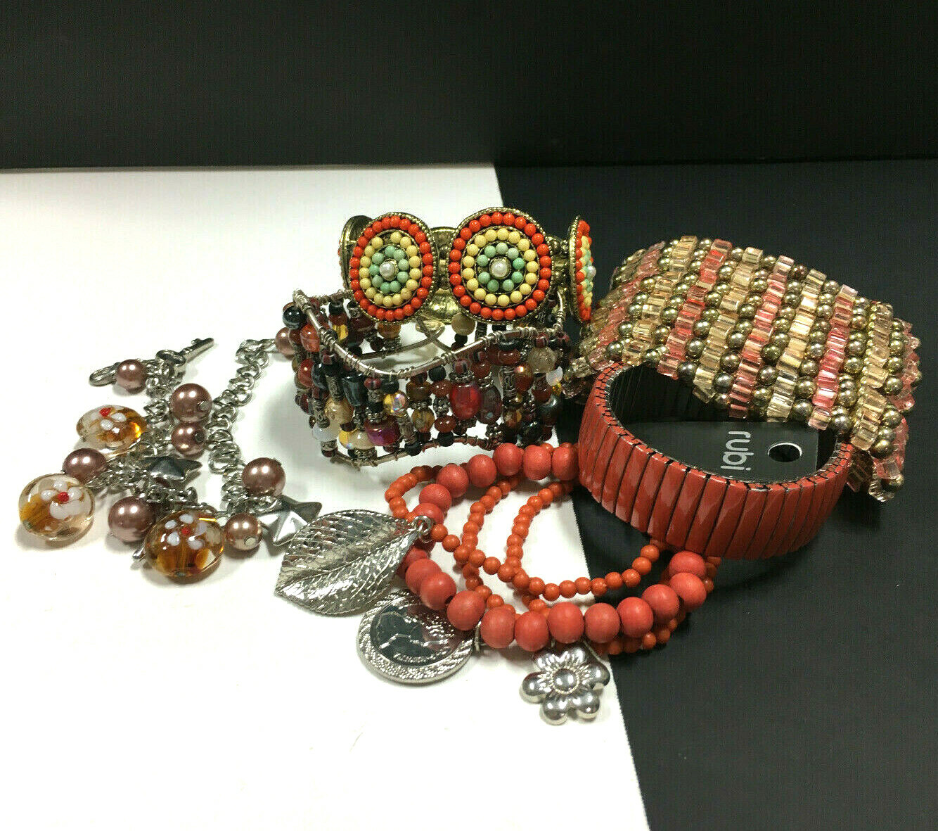 NEW & Preowned Artisan BRACELET LOT Silver Gold Glass Bead Coral Orange Tan BB29