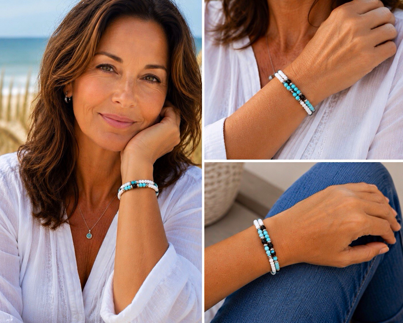 Blue & White Beaded Charm Bracelet Set (2) – Silver Tone Stackable Beach