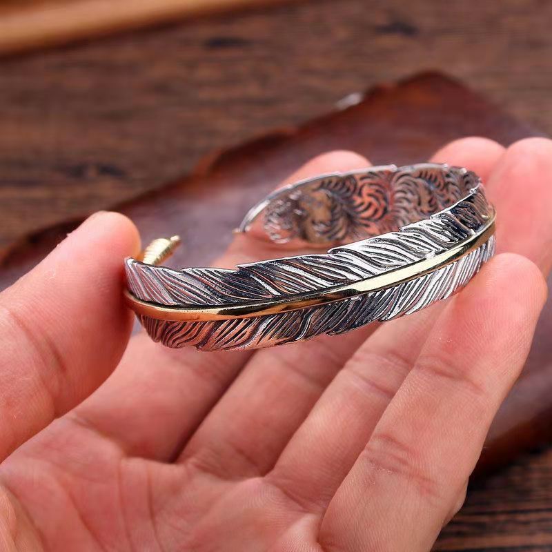 Women Men Retro Vintage 925 Sterling Gold Silver Feather Cuff Bangle Bracelet US
