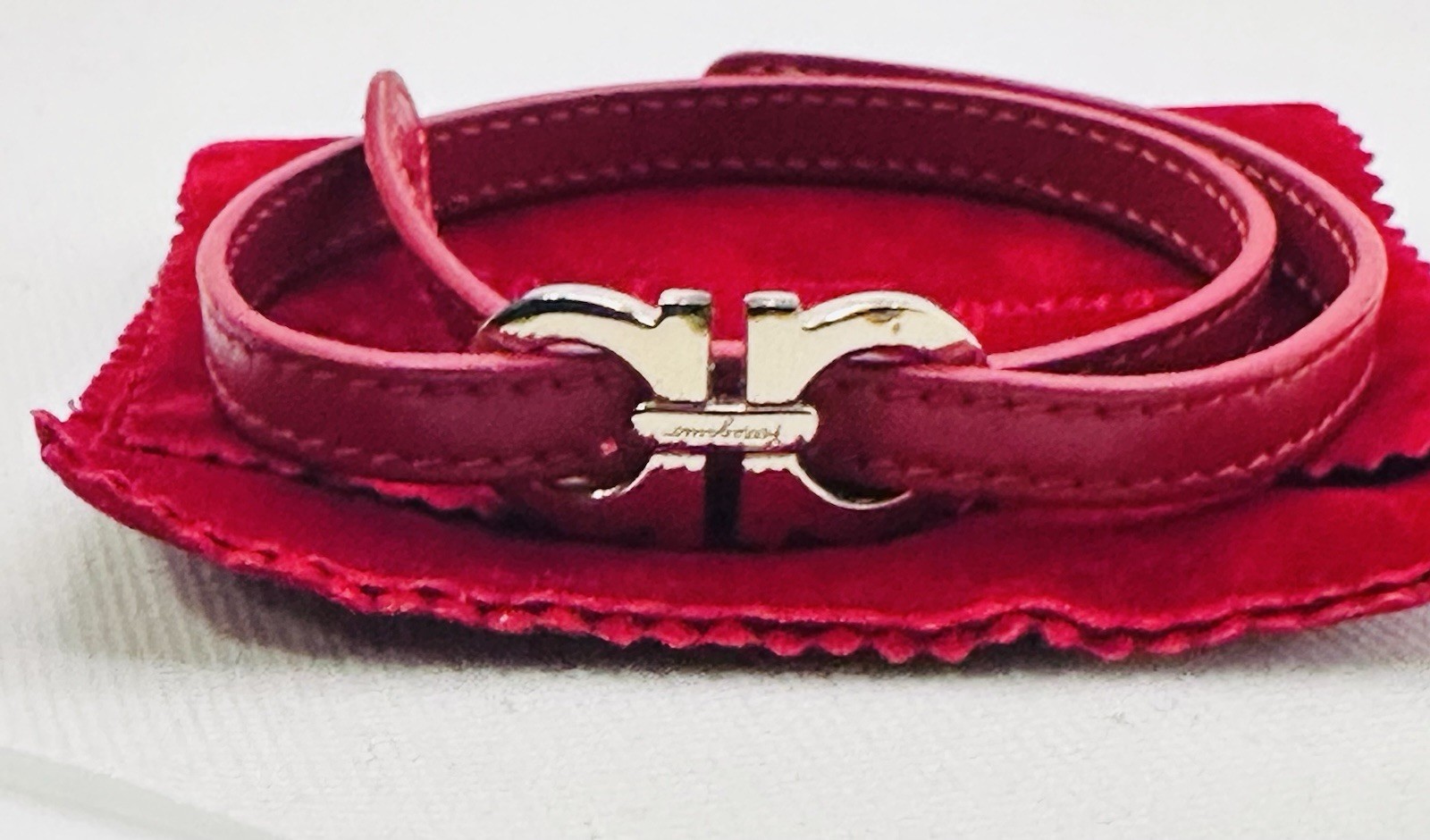 Salvatore Ferragamo Gancini Bracelet Double Row Belt Leather Red Gold
