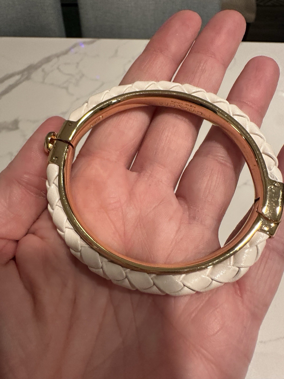 COACH Bangle Bracelet Ivory Cream White Braided Leather and Gold Push Lock Clasp