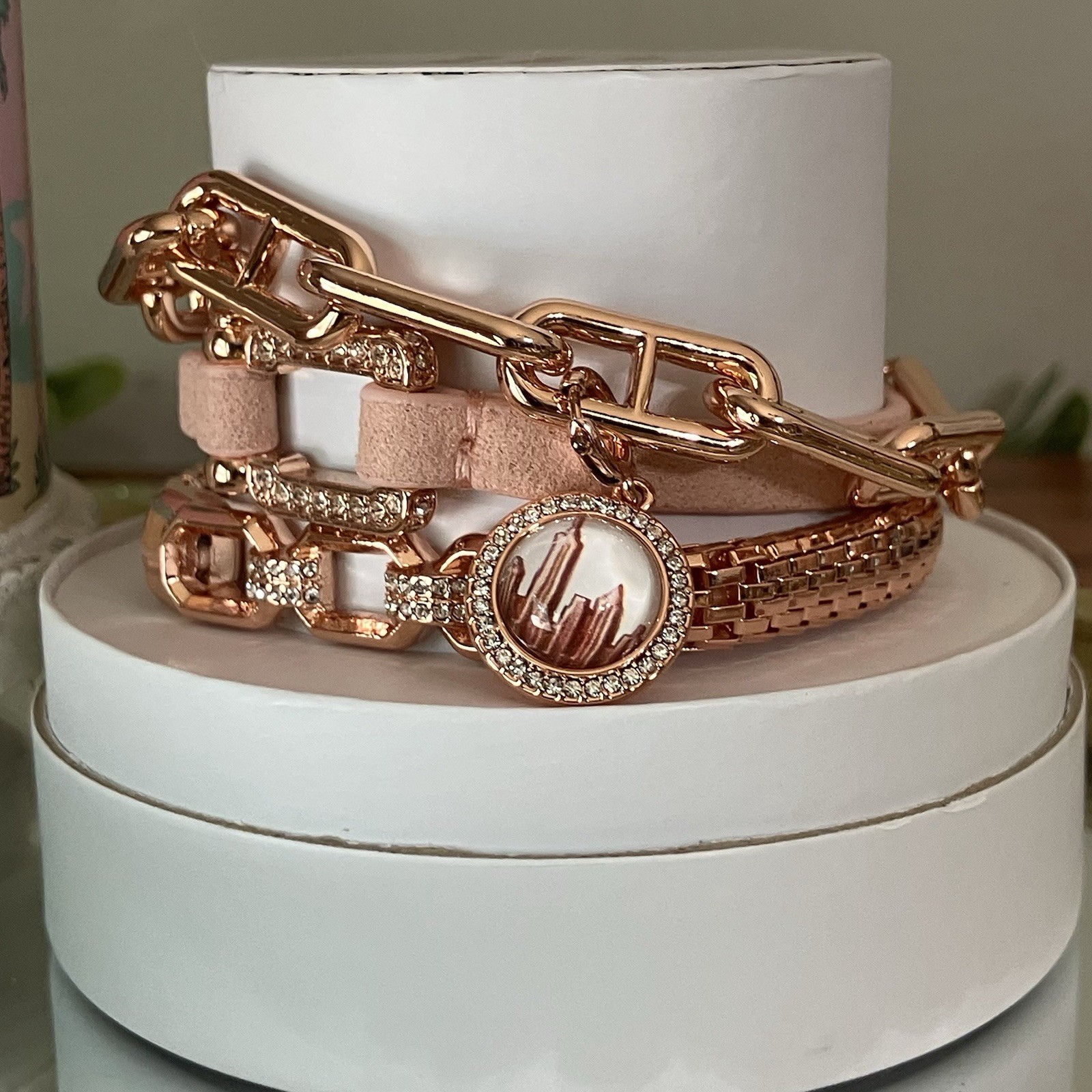Bomb Party Summer Stacks 2026 GOLDEN AVENUE NYC Skyline Charm Bracelets on Rose
