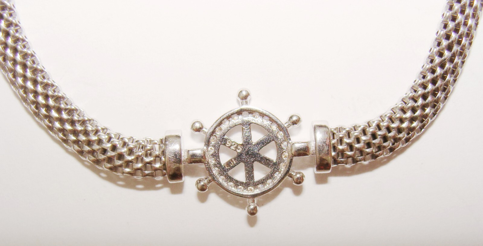 EJI Italy Sterling Silver 6.1g Ships Wheel Multi CZ Mesh Bracelet 7.25″