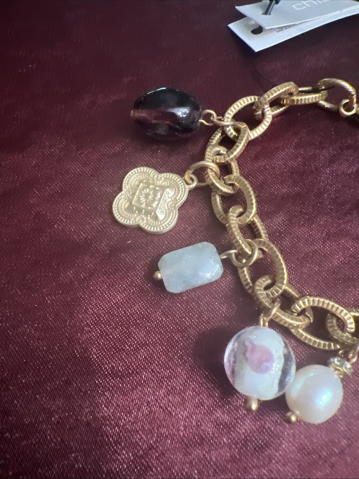 (487). Chico’s Gold Tone Multi Charm Chain Bracelet Bead Stone Crystal Womens 8″