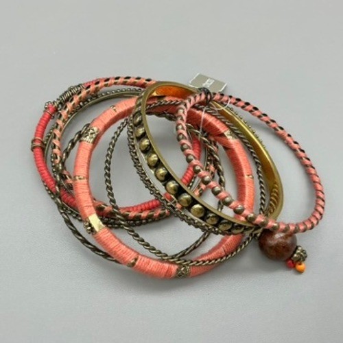 Chico’s Bracelet Women Pink Boho Stacked Bangle Set Beaded Thread Wrapped 8 In