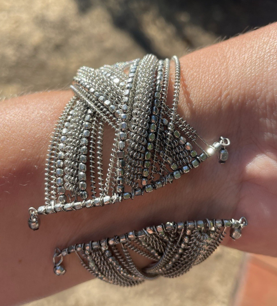 Silver Tone Metal Multi-Strand Ball/Bead Wrap Cuff Bracelet Adjustable Bolo