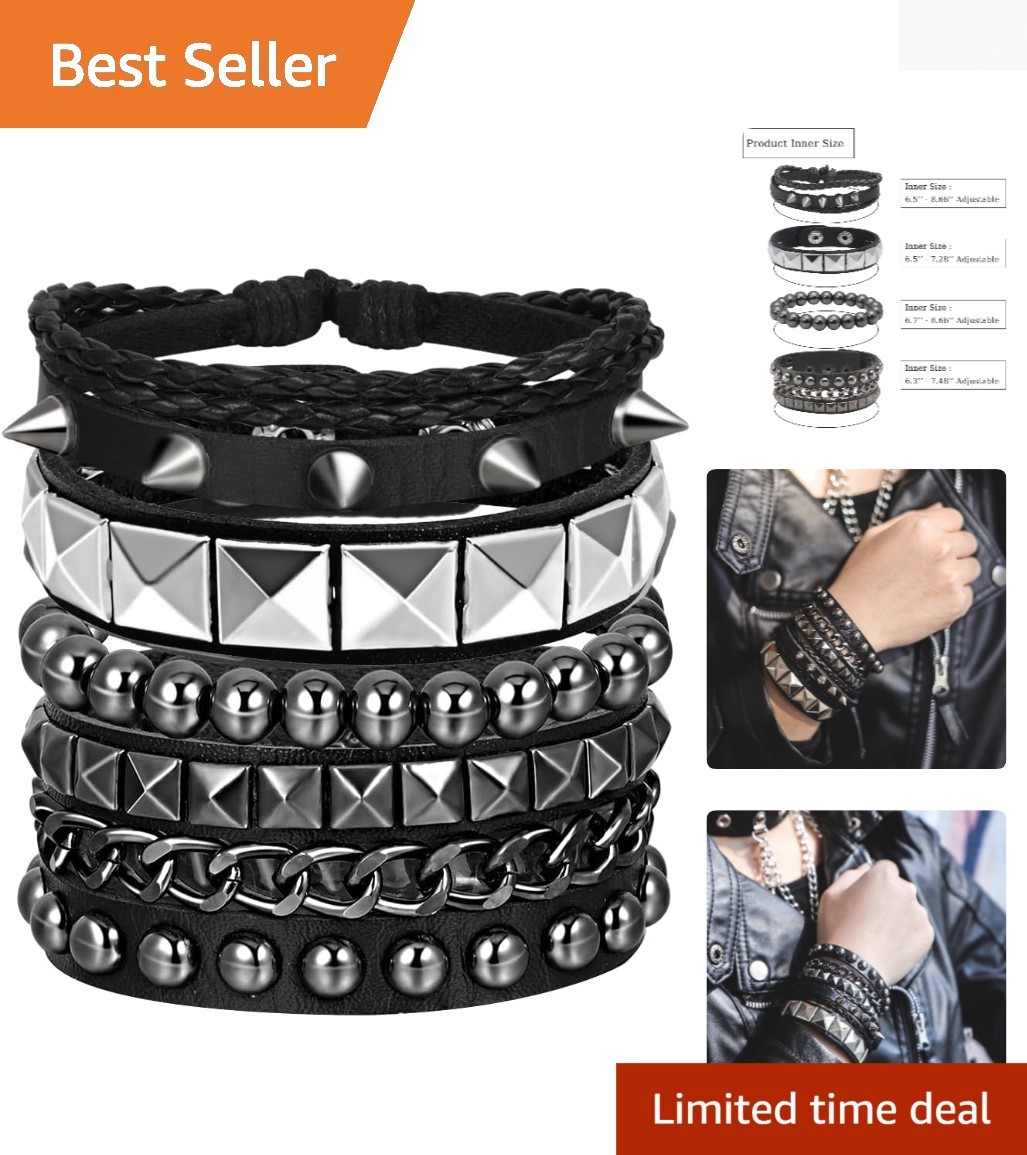 6 Pcs Adjustable Black Leather Punk Rock Wristbands for Men & Women