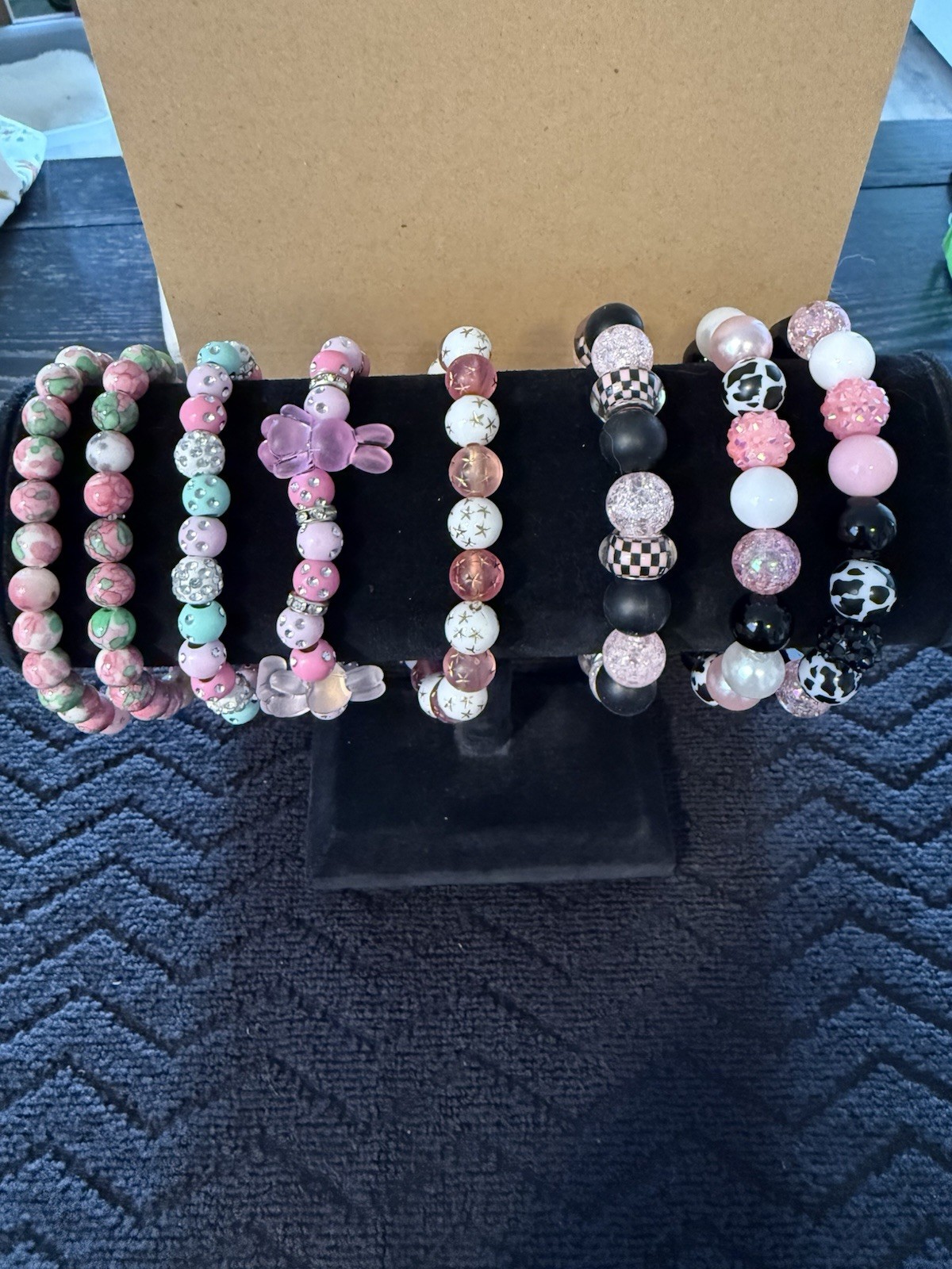 Lot Of 8 – Pink Colored Beaded Bracelets 7” To 7.5”
