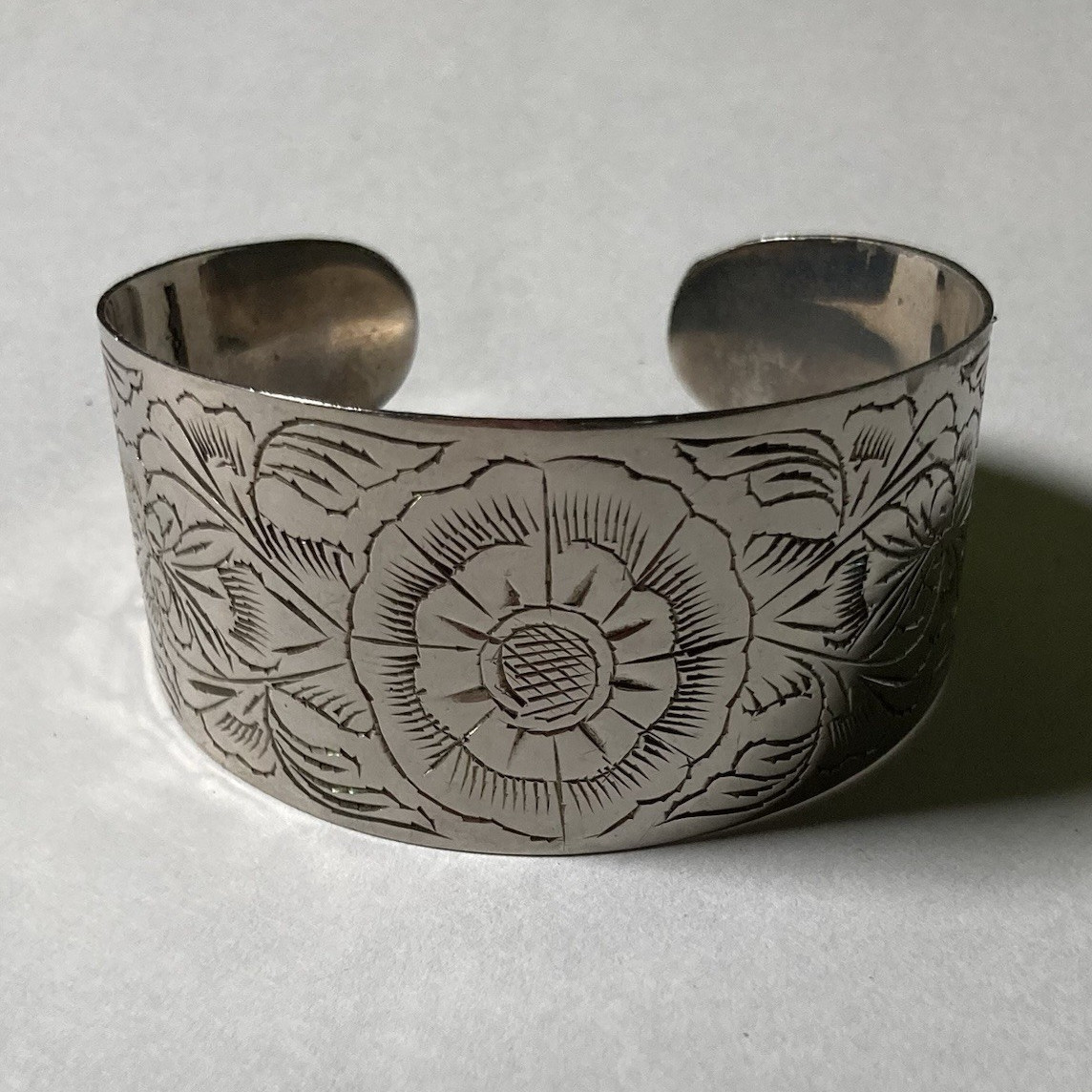 Silver Tone Metal Bracelet Engraved Floral Flower Cuff Style No Stone