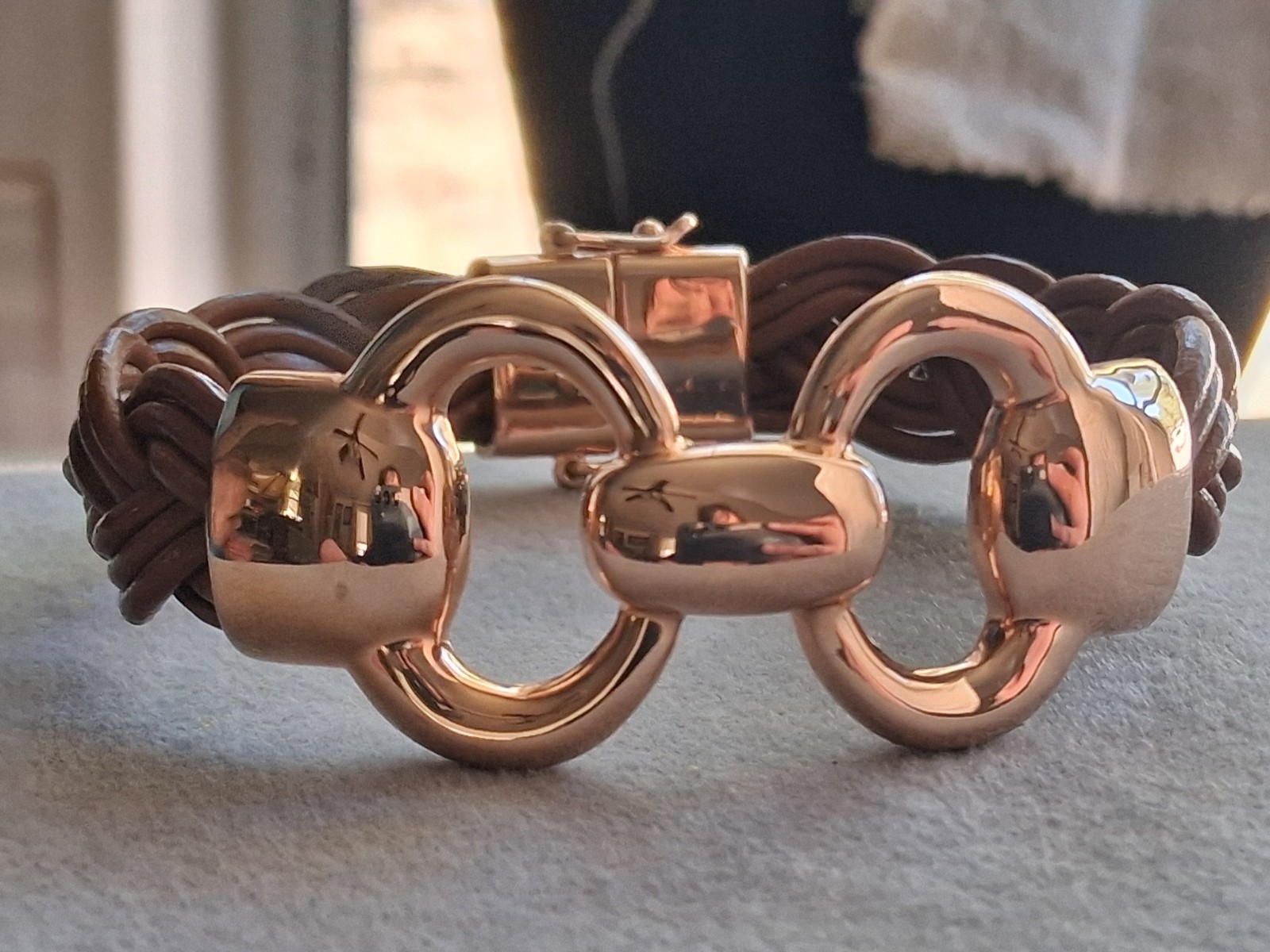 Milor Italy bronze interlocking motif braided leather bracelet 7.5″